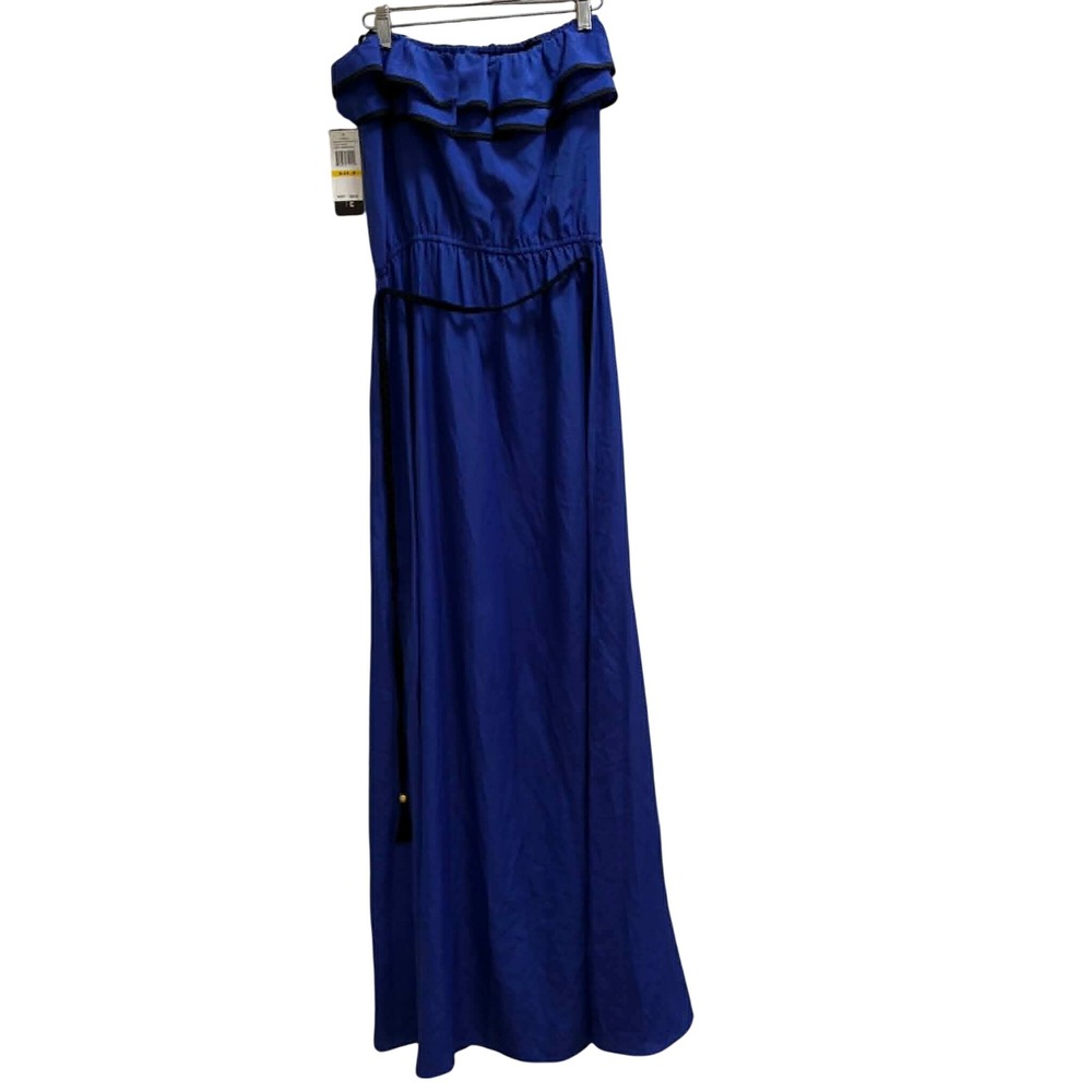 Rampage Maxi Dress Womens M Cobalt Blue Strapless Ruffle Tassel Belt Boho